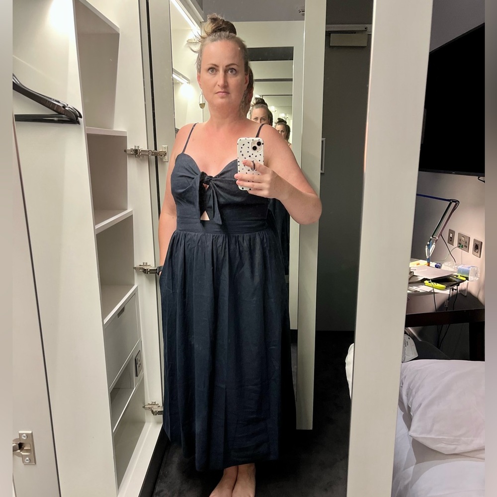 Hush UK- Spring Summer Navy Linen Blend Dress w Tie Front and Peak a Boo Window